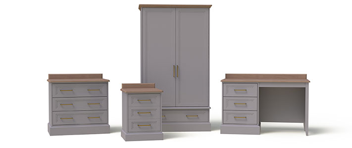 Arlington bedroom furniture. Pictured: Chest iof Drawers, Bedside Cabinet, Wardrobe and Dressing Table