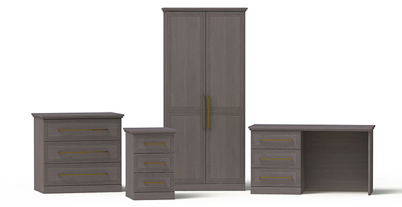 Claydon bedroom furniture. Pictured: Chest iof Drawers, Bedside Cabinet, Wardrobe and Dressing Table