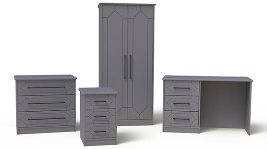 Hepworth bedroom furniture. Pictured: Chest iof Drawers, Bedside Cabinet, Wardrobe and Dressing Table
