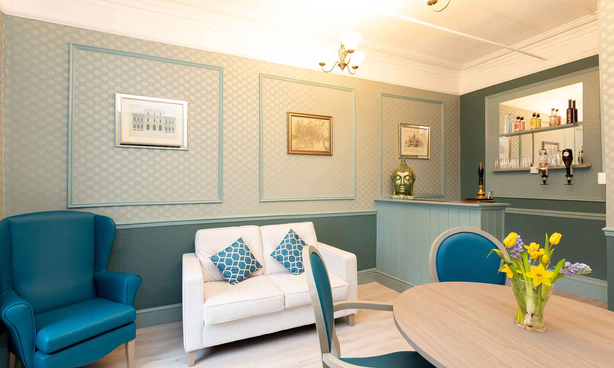 Bar area at Newton House Care Home showing Shackletons sofa and chairs.