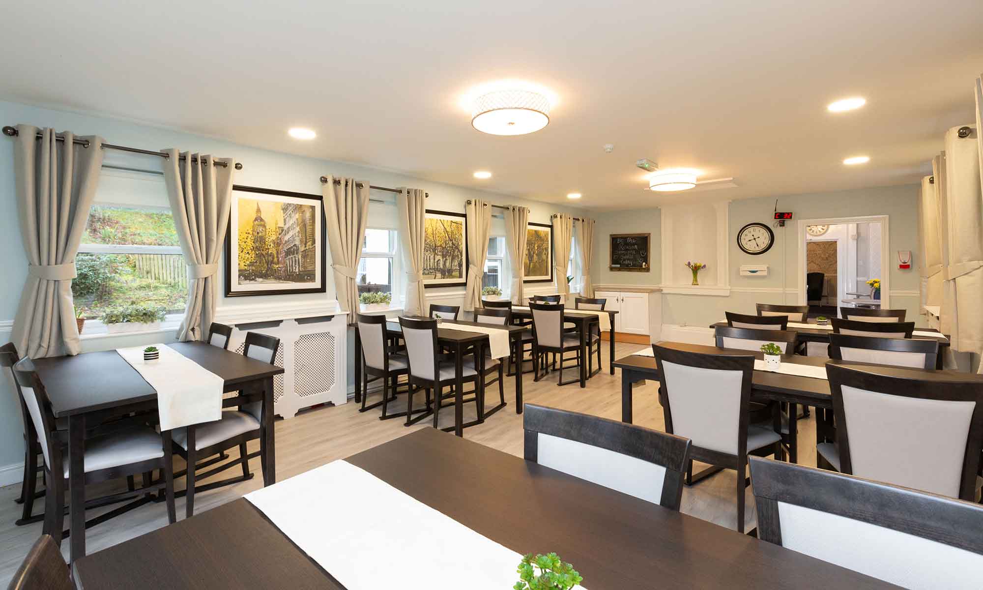 Dining room at Netwon Hall Care Home with SH dining tables and Sienna dining chairs.