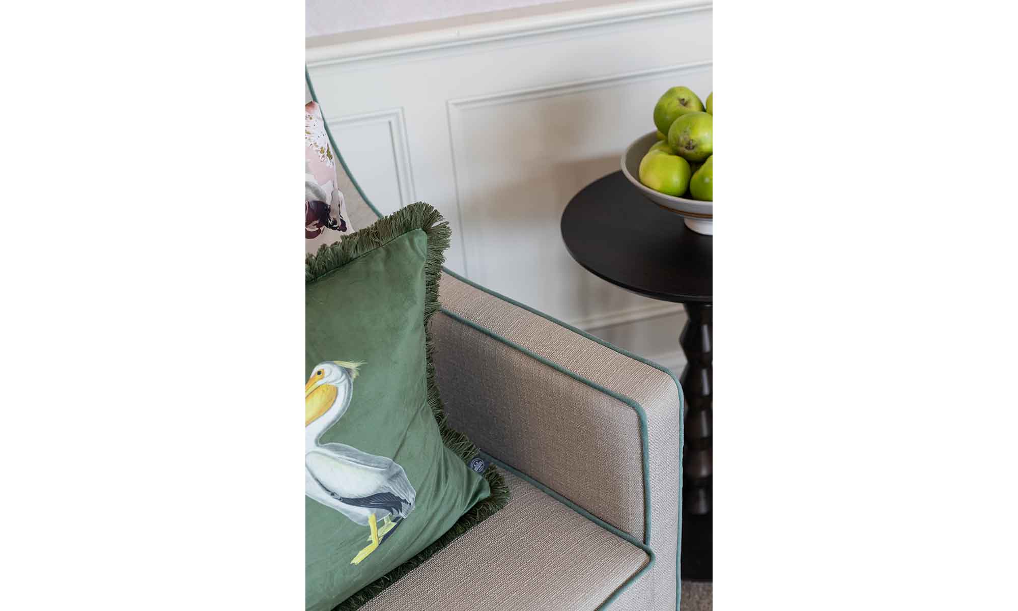 A close up of the Orto High Back Chair with contrast piping.