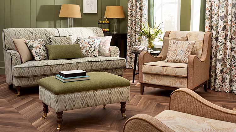 A lounge showing Loxley Sofa, ottoman and Elcot armchair upholstered in panaz cassari