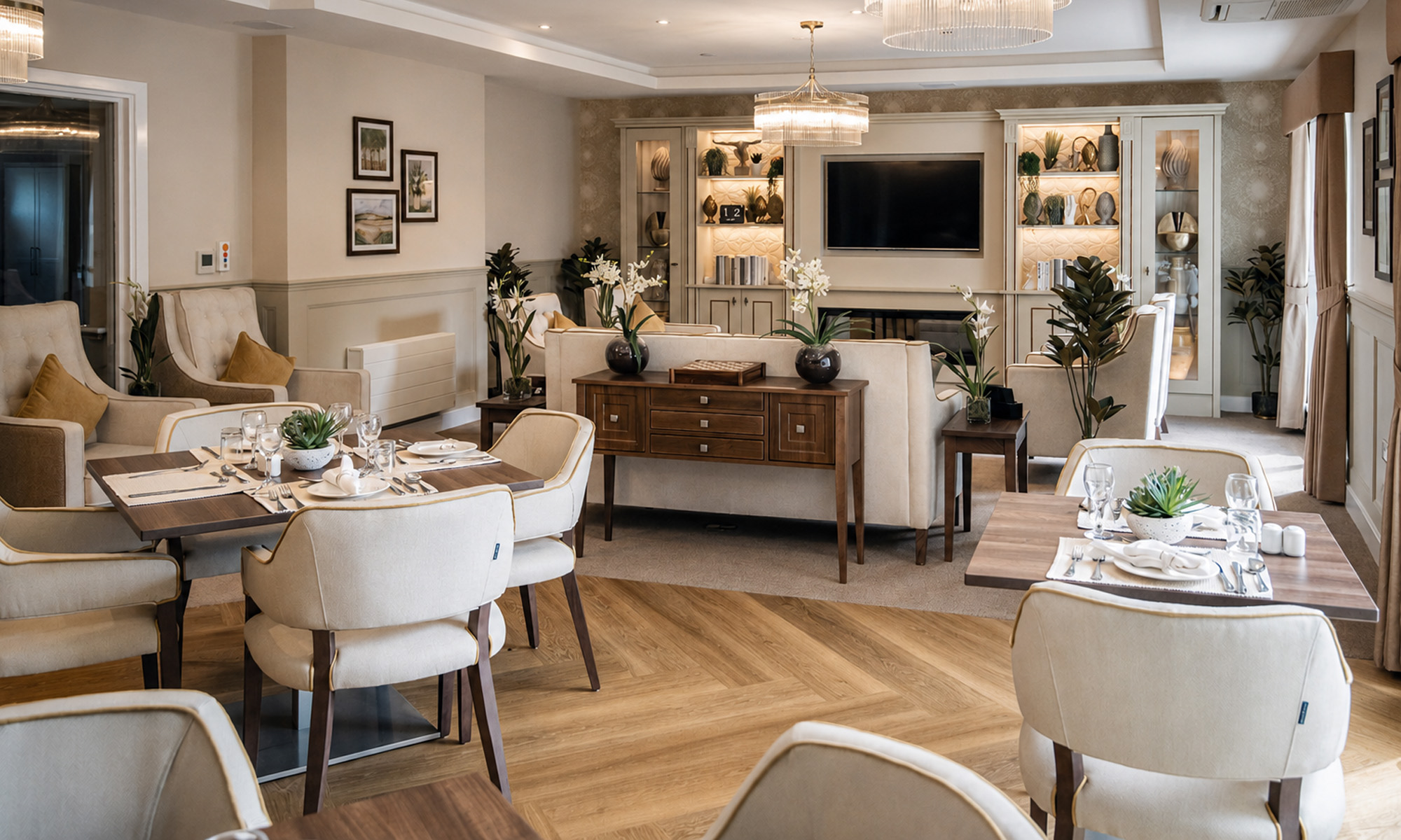 Care home lounge and dining furniture at Bellerose Manor, featuring upholstered seating, dining chairs, tables and bespoke cabinetry.