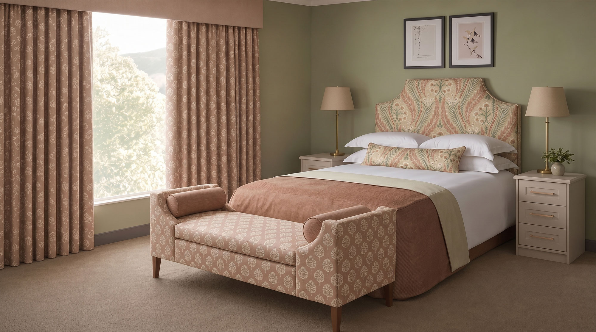 Care home bedroom with floral upholstered headboard, matching cushions, curtains and upholstered ottoman.